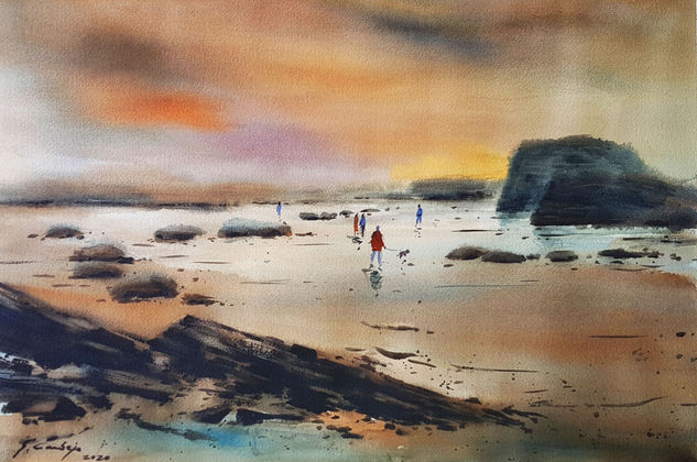 paseantes en las catedrales  lugo Watercolour Paper Marine Painting