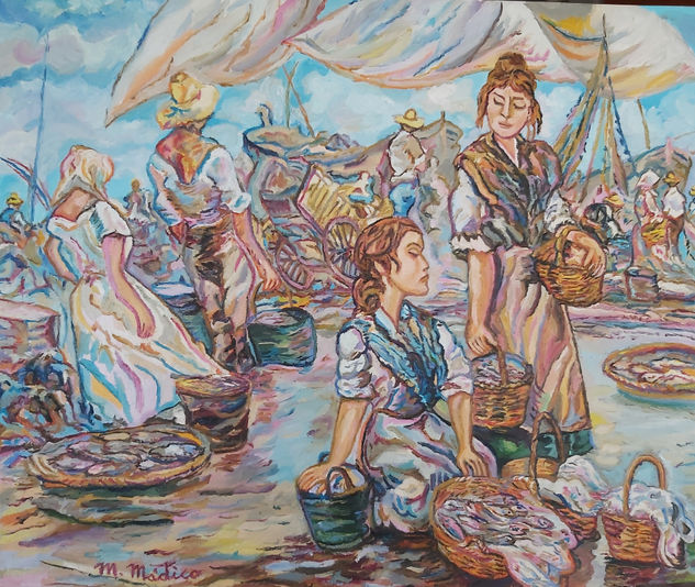 Pescadores, Recogiendo,Pescado para venderlo. Oil Panel Marine Painting