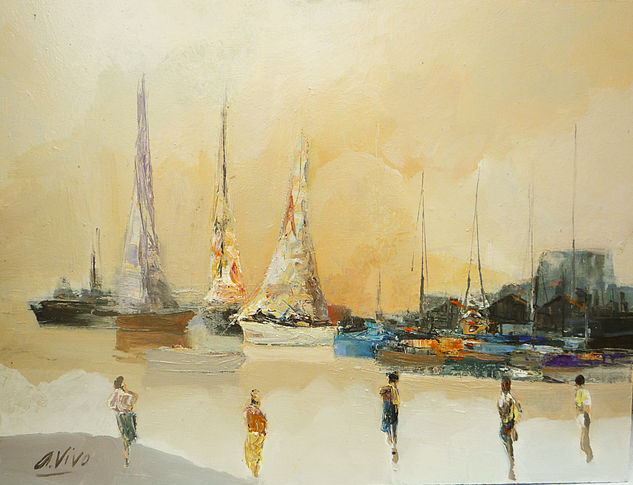 3782 Barcazas y veleros Oil Panel Marine Painting