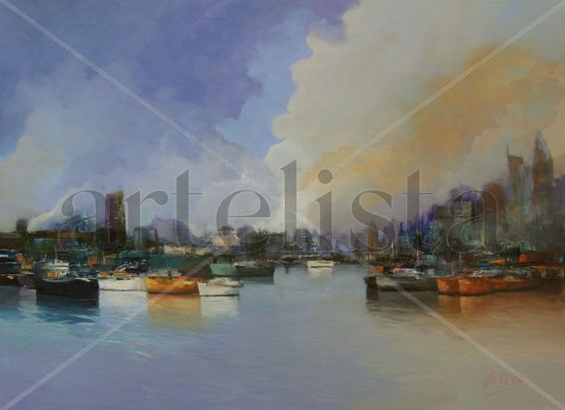 4466 Puerto y 2 pesqueros Oil Canvas Marine Painting