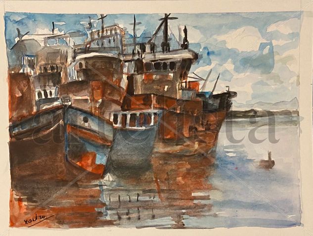 Puerto de la Paloma 1980 Rocha Watercolour Card Marine Painting