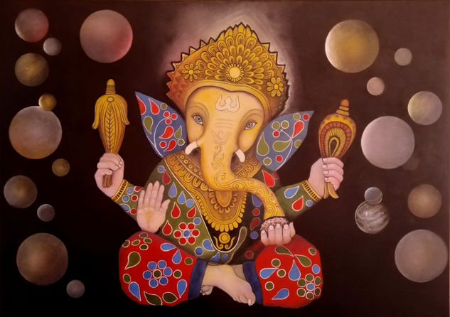 Ganesh Oil Textile Figure Painting