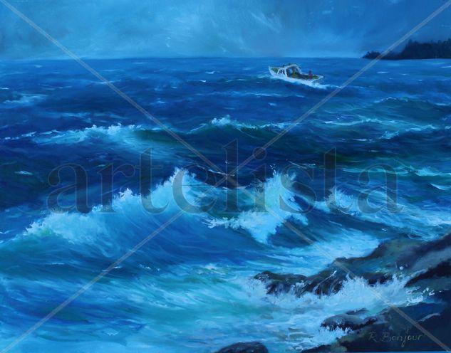 Fishing a stormy afternoon Oil Panel Marine Painting