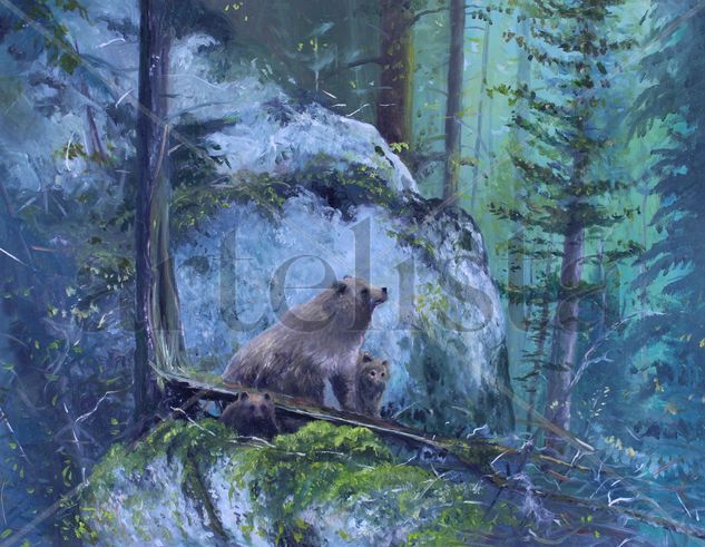 Grizzlies , rock and moss Oil Panel Animals