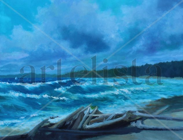 Drifting wood and waves Oil Panel Marine Painting