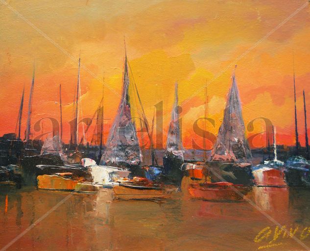 3761 Atardecer con 3 veleros Oil Panel Marine Painting