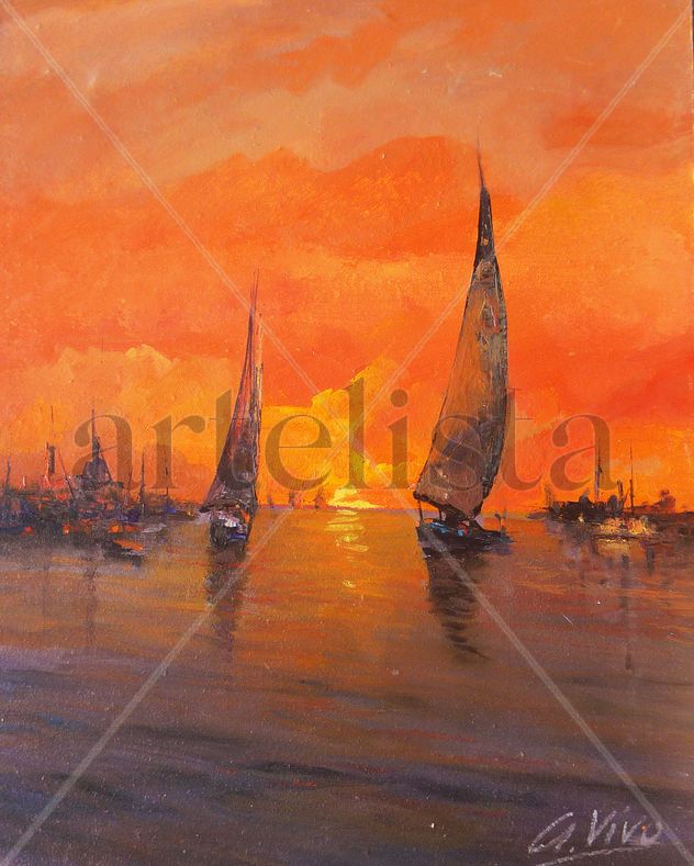 3767 Atardecer con 2 veleros en el balneario
