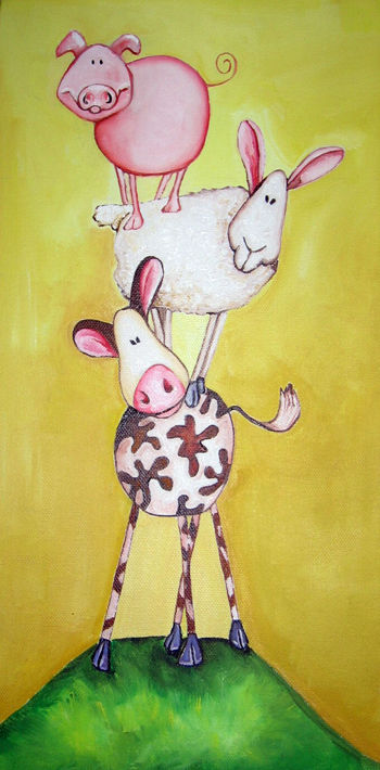 La vaca, la oveja y el cerdo haciendo un Castellet