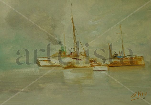 4018 Steamers Oil Paper Marine Painting