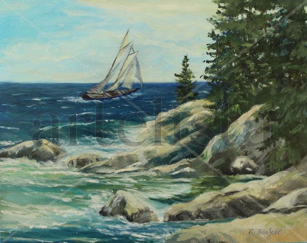 Shcooner passing the point Oil Panel Marine Painting