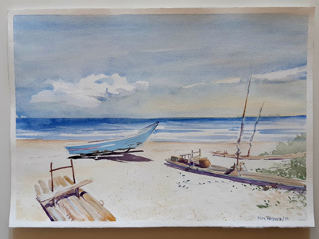 Barcas en la playa Watercolour Paper Landscaping