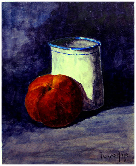 Melocotón rojo y vasija Watercolour Paper Still Life Paintings