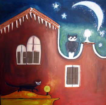 La noche del Tecolote y el Gato Oil Canvas Animals