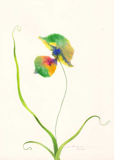 Orquídea Verde Azul Gouache Paper Floral Painting