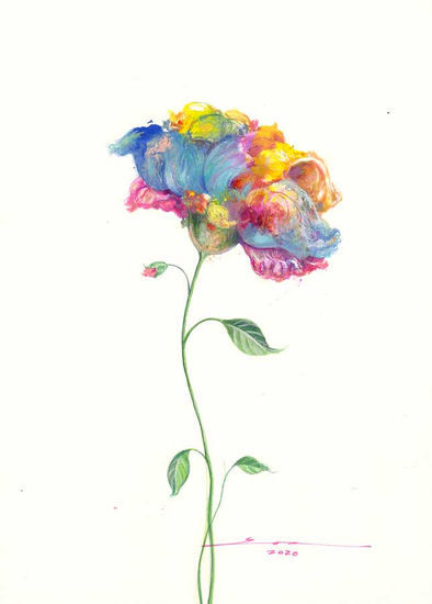 Rosa Azul Amarilla Gouache Paper Floral Painting