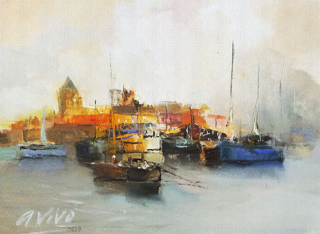 3829 Ciudad de resplandores del atardecer. Oil Paper Marine Painting