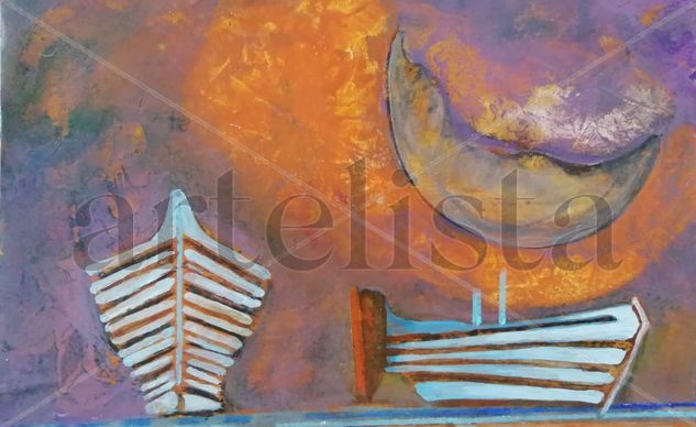 Barcas con luna Acrylic Card Marine Painting