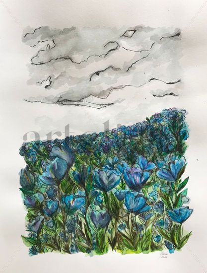 Paisaje Floral Azul Watercolour Paper Floral Painting