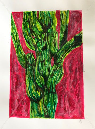 Cactus Fondo Rojo Watercolour Paper Floral Painting