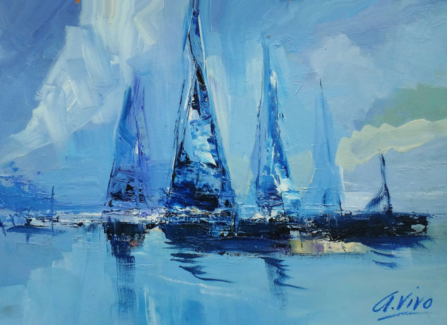 4575 Blue sailing boats Oil Paper Marine Painting