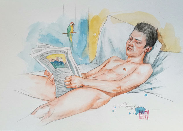 Reading on bed Acuarela Papel Desnudos