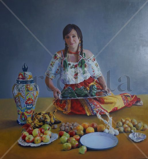 "China Poblana con tibor de talavera" Oil Canvas Figure Painting