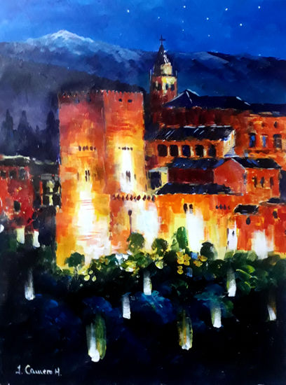 Alhambra . Nocturno. Acrilico sobre lienzo Acrylic Canvas Landscaping