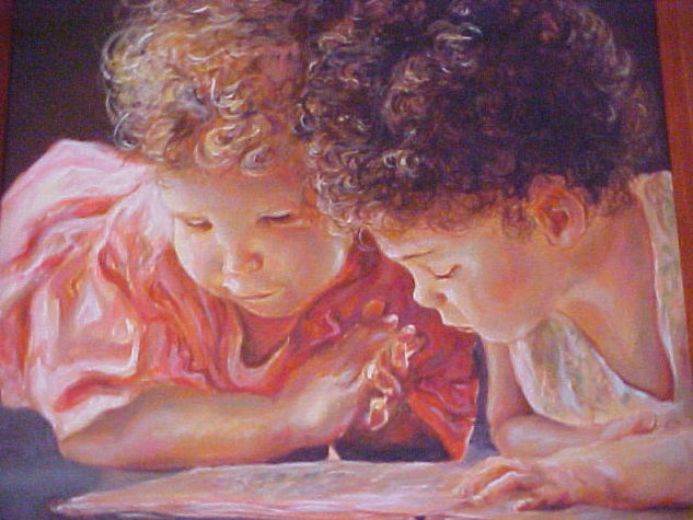 Niños aprendiendo a leer Oil Canvas Figure Painting