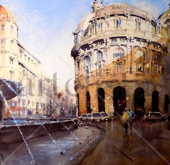 Piazza De Ferrari, Génova-Italia Acuarela Papel Paisaje