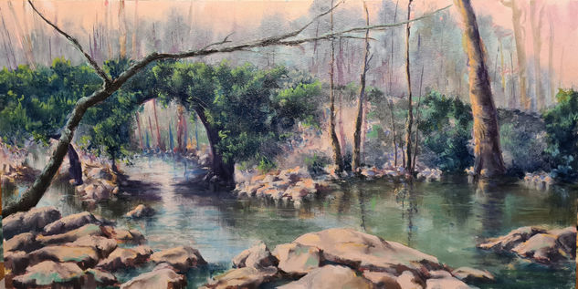 Bridge over stream - Puente sobre riachuelo Oil Panel Landscaping