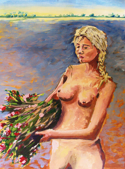 LA CHICA DEL RAMO DE FLORES Óleo Papel Desnudos