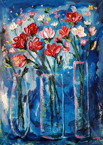 Tres floreros Oil Canvas Floral Painting