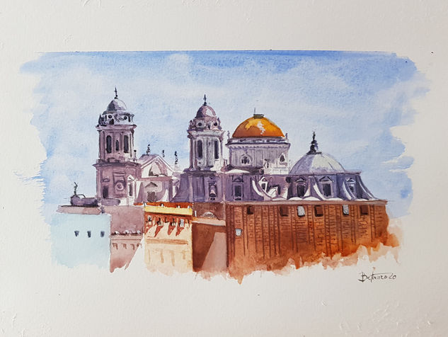 Catedral de cadiz Acuarela Papel Paisaje