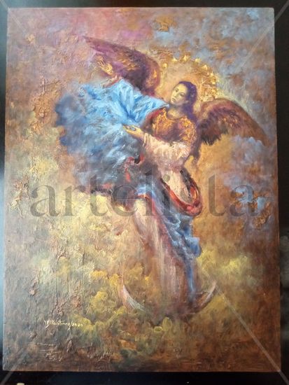 Virgen Alada Oil Panel Figure Painting