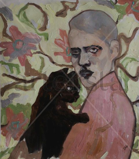 Man With Cat Óleo Tela Floral