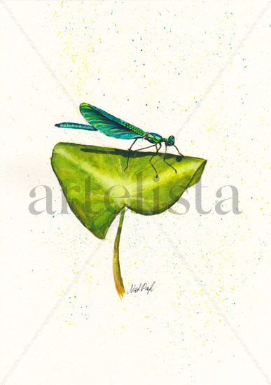 Dragonfly sitting on a leaf Watercolour Paper Animals