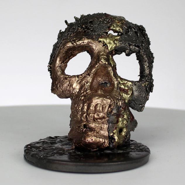 Grúa CLXVII - Escultura cráneo acero bronce latón - Arte de vanita