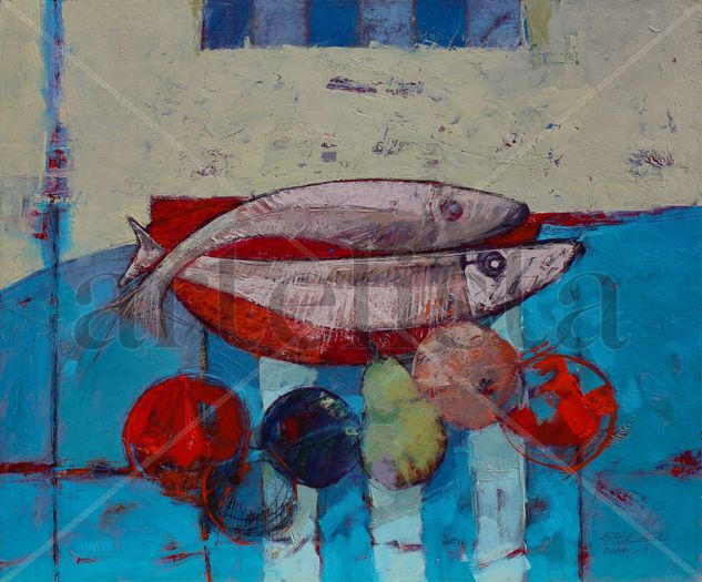 Dos pescados sobre fuente roja Acrylic Panel Still Life Paintings