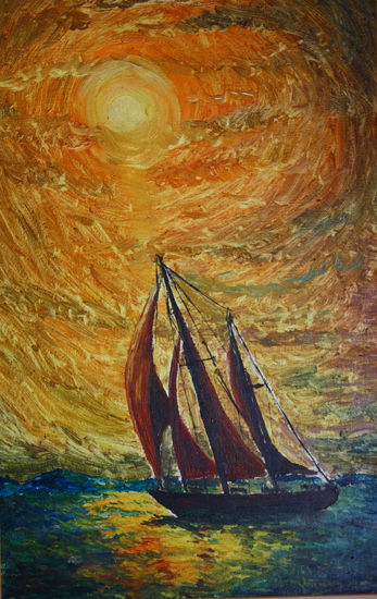 Velero al atardecer Oil Panel Marine Painting