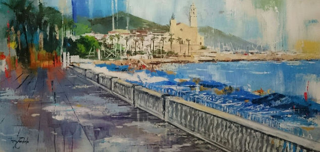 Panorámica de Sitges_vendido/ sold Acrylic Panel Marine Painting