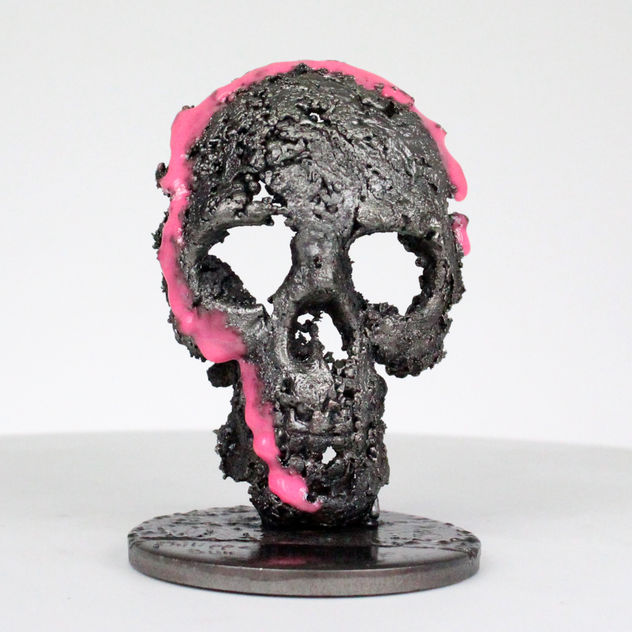 calavera CLXX - Escultura de calavera pigmentos de acero rosa - Vanity art