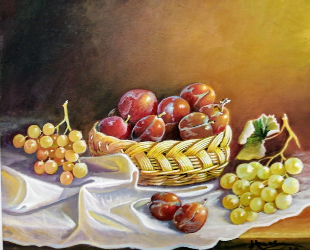 CESTO DE MIMBRE CON CIRUELAS Y UVAS SOBRE TELA Oil Canvas Still Life Paintings