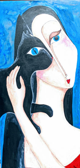 Mujer con gato Negro Acrylic Canvas Animals