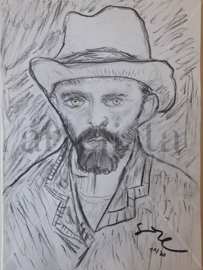 Versión de Autorretrato con sombrero de fieltro gris Vincent Van Ghogh Carboncillo