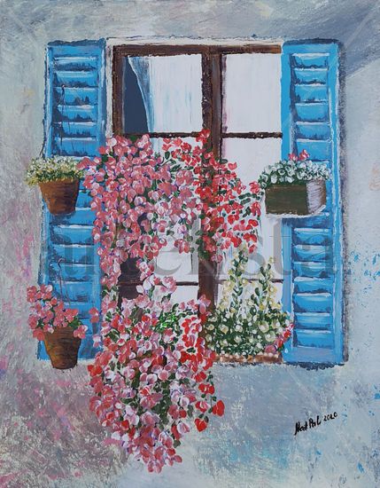 Window with flowers Acrylic Canvas Floral Painting