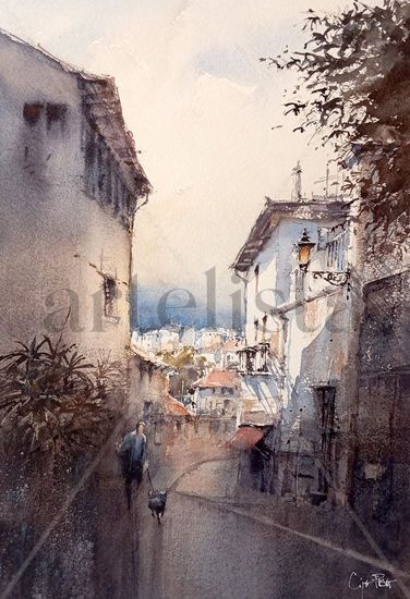 Caminata Matutina por Granada-España Acuarela Papel Paisaje