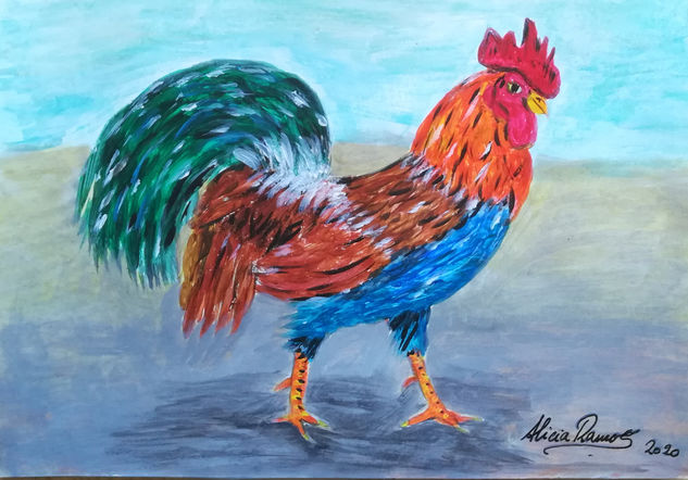 "GALLO MULTICOLOR" Acrílico Papel Animales