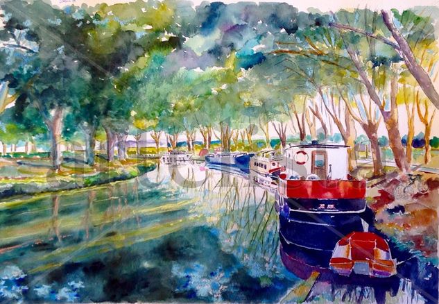 Canal de Midi Acuarela Papel Paisaje