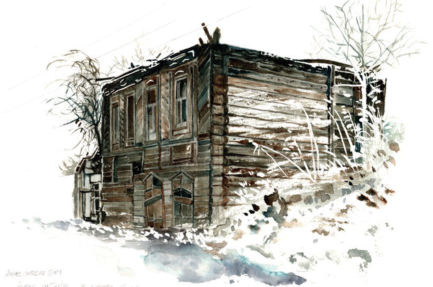 Astrakhan wooden house Acuarela Papel Paisaje