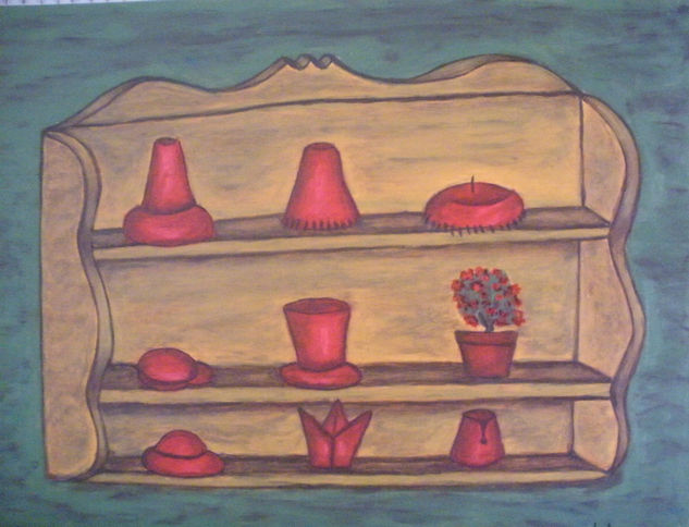 ALACENA CON SOMBREROS ROJOS Acrylic Panel Still Life Paintings